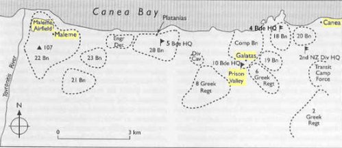 Allied troop dispositions, Maleme - Chania sector, 20 May 1941 (Source: The Oxford Companion to New Zealand Military History and NZHistory.net)